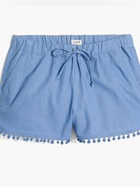J. Crew Light Blue Linen Pom-Pom Trim High-Waist Drawstring Shorts Size M